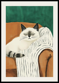 Plagát uvoľnenej mačky na pruhovanej deke v oranžovom kresle-2