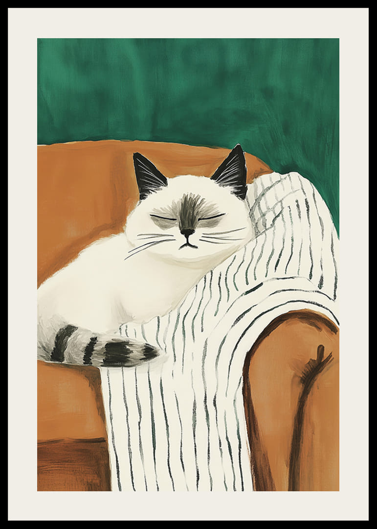Plagát uvoľnenej mačky na pruhovanej deke v oranžovom kresle-12