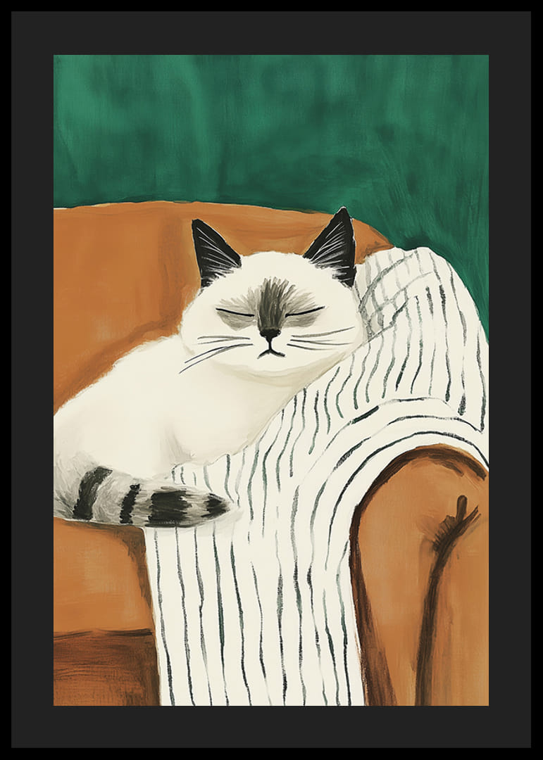 Plagát uvoľnenej mačky na pruhovanej deke v oranžovom kresle-12