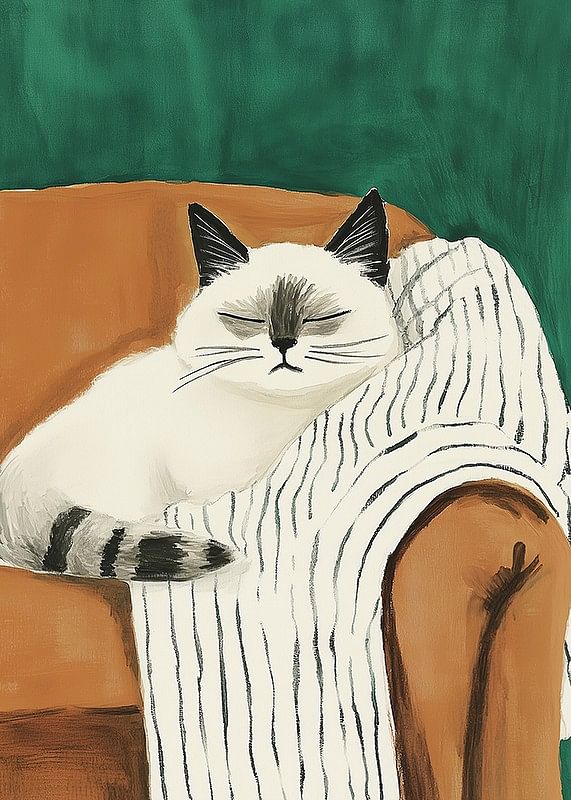 Une affiche d'un chat détendu sur une couverture rayée dans un fauteuil orange-12