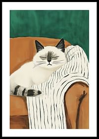 Une affiche d'un chat détendu sur une couverture rayée dans un fauteuil orange-0