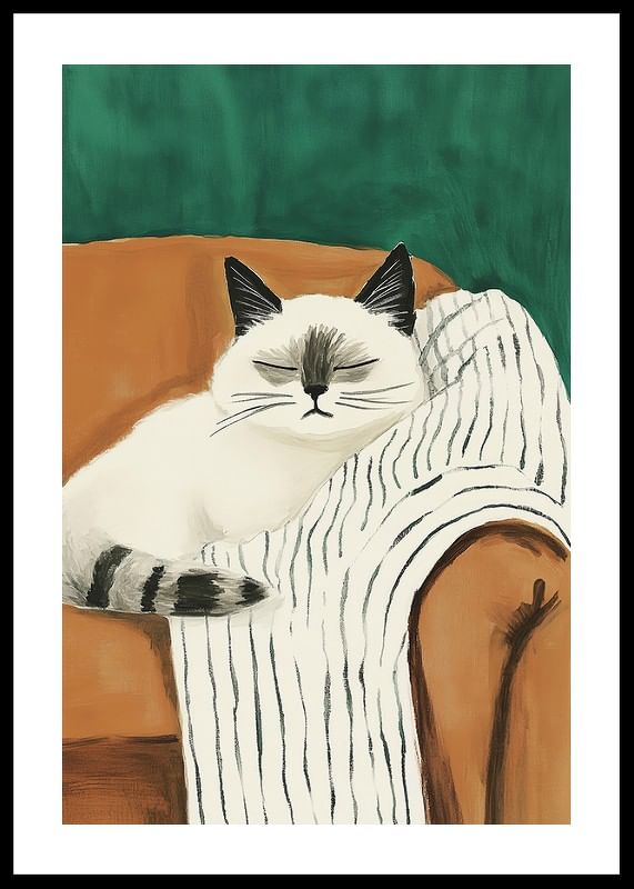Une affiche d'un chat détendu sur une couverture rayée dans un fauteuil orange-12