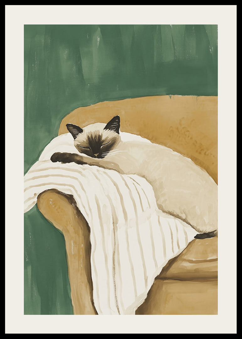 A poster of a sleeping Siamese cat on a striped blanket in a brown armchair-12