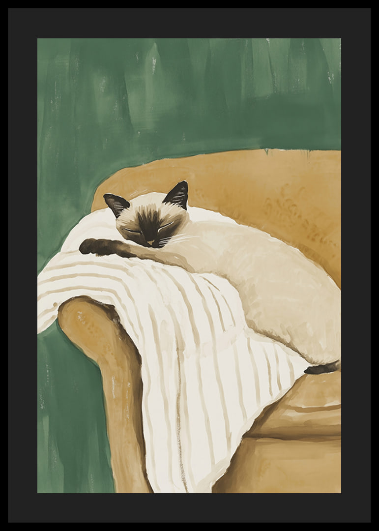 A poster of a sleeping Siamese cat on a striped blanket in a brown armchair-12