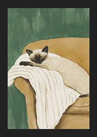 A poster of a sleeping Siamese cat on a striped blanket in a brown armchair-5