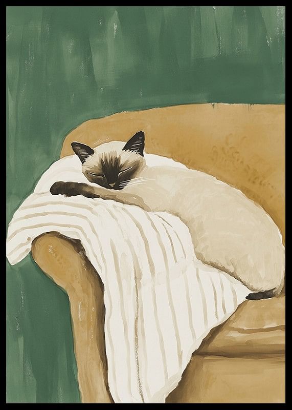 A poster of a sleeping Siamese cat on a striped blanket in a brown armchair-12