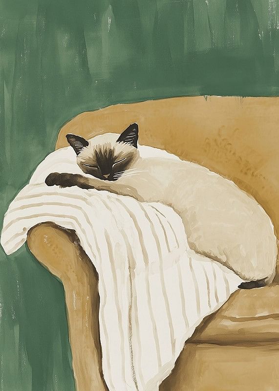 A poster of a sleeping Siamese cat on a striped blanket in a brown armchair-12