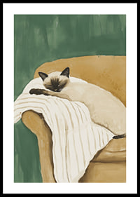 A poster of a sleeping Siamese cat on a striped blanket in a brown armchair-0