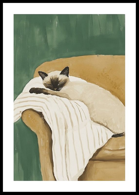 A poster of a sleeping Siamese cat on a striped blanket in a brown armchair-12