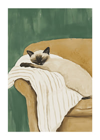 A poster of a sleeping Siamese cat on a striped blanket in a brown armchair-1