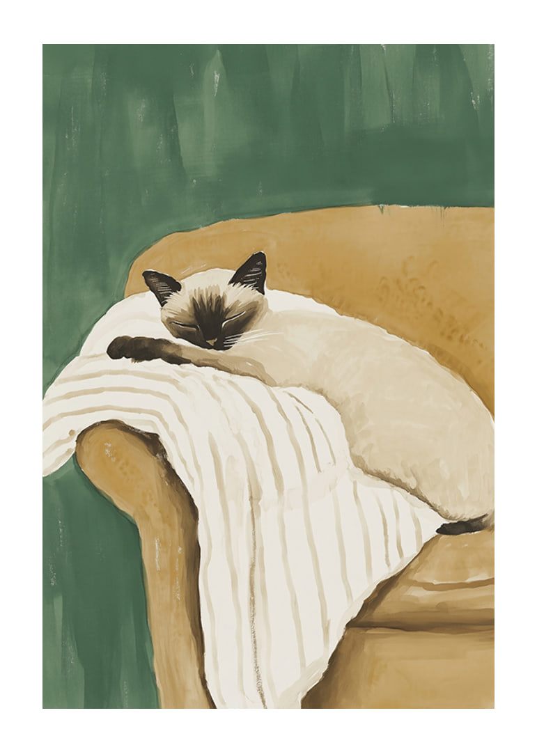 A poster of a sleeping Siamese cat on a striped blanket in a brown armchair-12