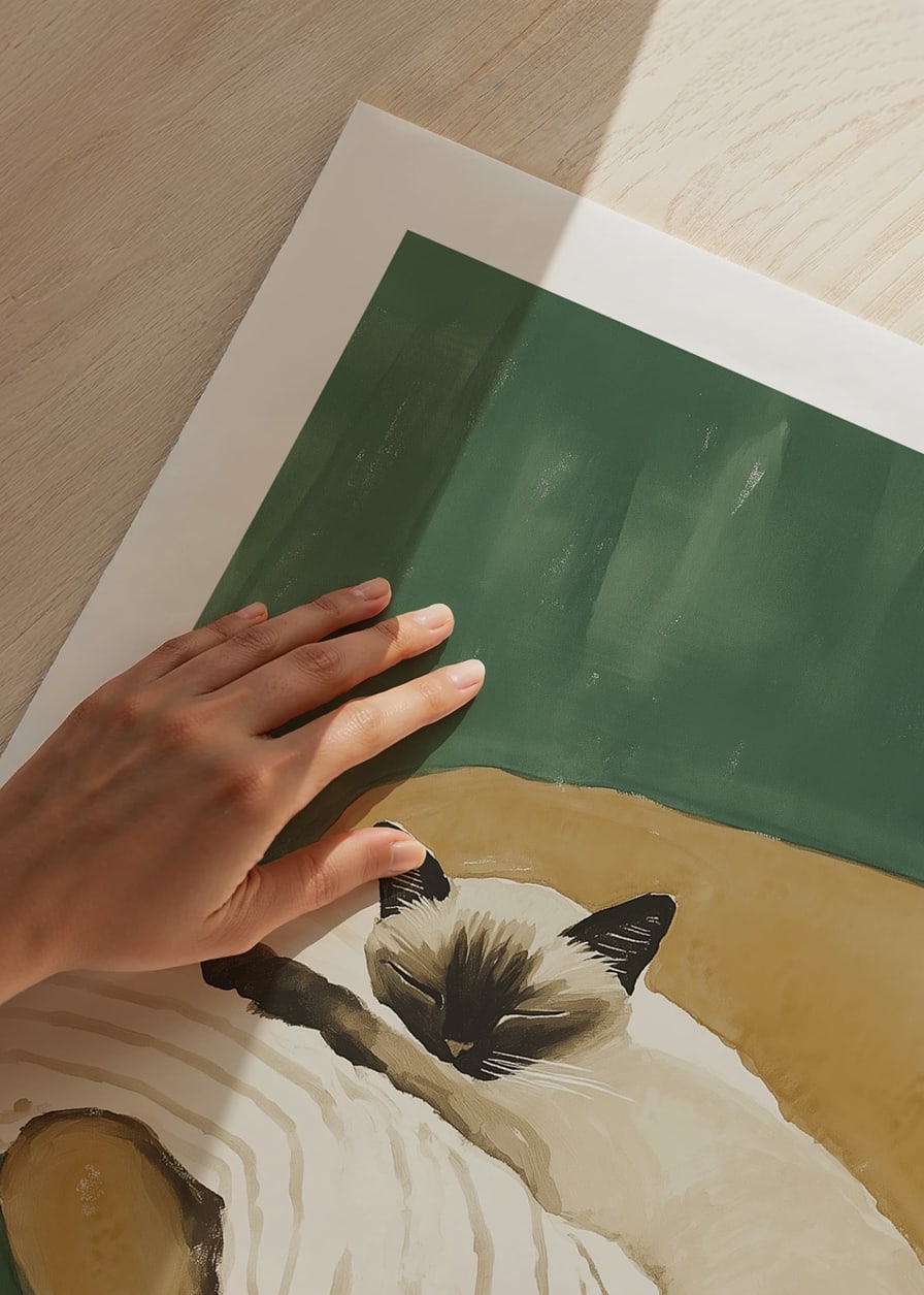 A poster of a sleeping Siamese cat on a striped blanket in a brown armchair-12