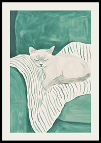 A poster of a sleeping cat on a striped blanket in soft mint green tones-2