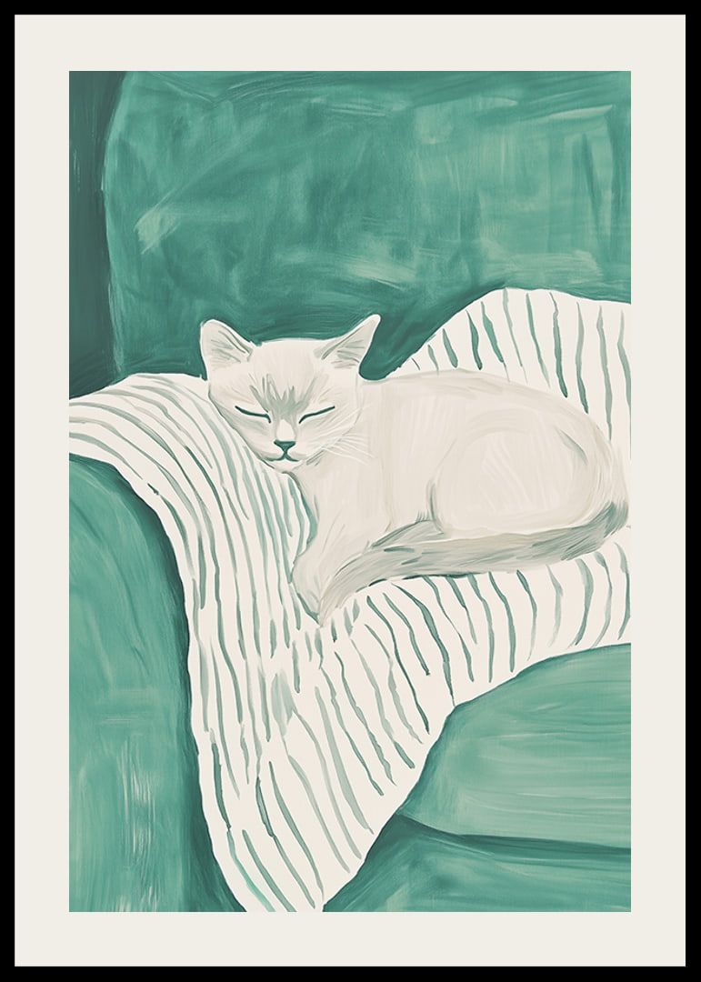 A poster of a sleeping cat on a striped blanket in soft mint green tones-12