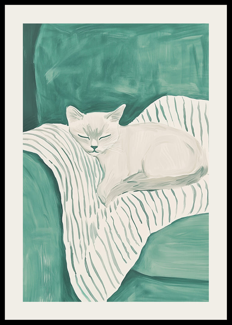 Egy alvó macska plakátja egy csíkos takarón lágy mentazöld tónusokkal-12