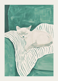 A poster of a sleeping cat on a striped blanket in soft mint green tones-3