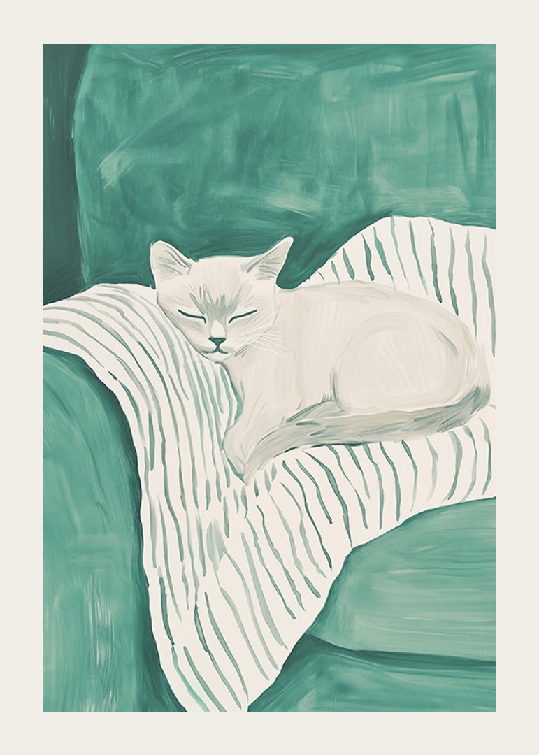 A poster of a sleeping cat on a striped blanket in soft mint green tones-12