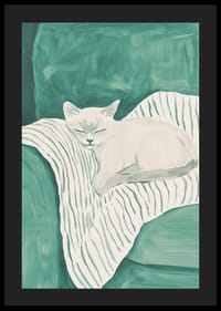 Egy alvó macska plakátja egy csíkos takarón lágy mentazöld tónusokkal-4