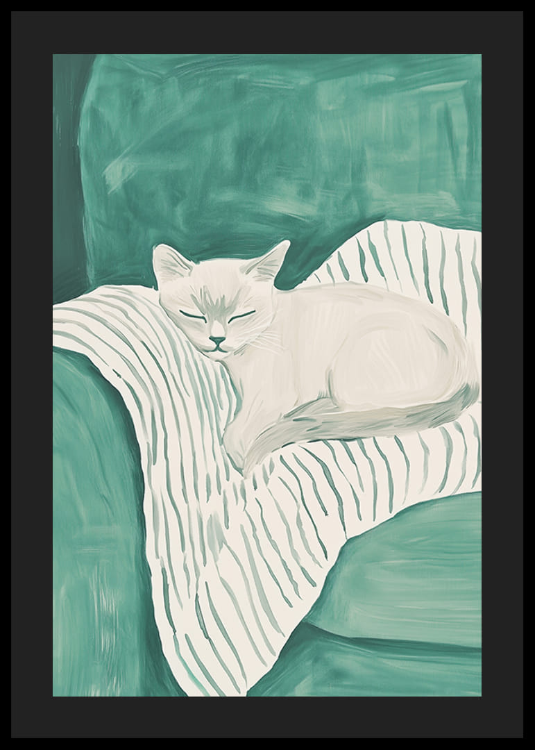 Egy alvó macska plakátja egy csíkos takarón lágy mentazöld tónusokkal-12