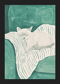 A poster of a sleeping cat on a striped blanket in soft mint green tones-5