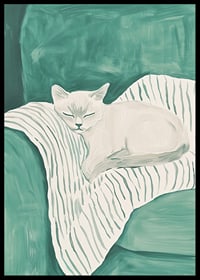 A poster of a sleeping cat on a striped blanket in soft mint green tones-6