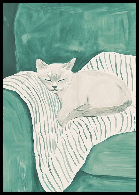 A poster of a sleeping cat on a striped blanket in soft mint green tones-12