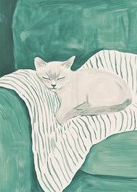 A poster of a sleeping cat on a striped blanket in soft mint green tones-7