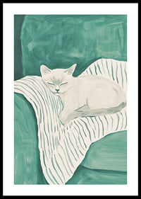 A poster of a sleeping cat on a striped blanket in soft mint green tones-0