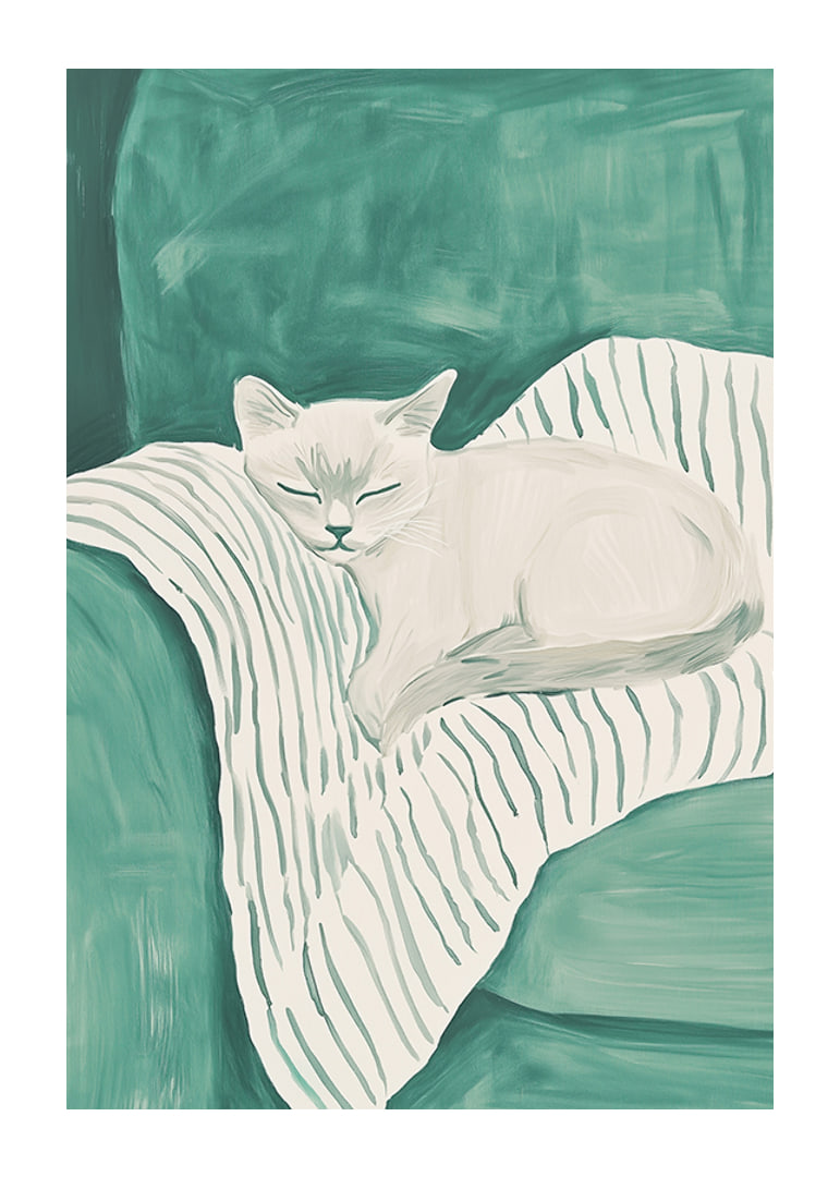 A poster of a sleeping cat on a striped blanket in soft mint green tones-12