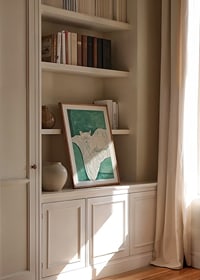 A poster of a sleeping cat on a striped blanket in soft mint green tones-8