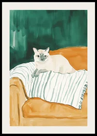 En poster med en självsäker katt vilande på en randig filt i en orange fåtölj-2