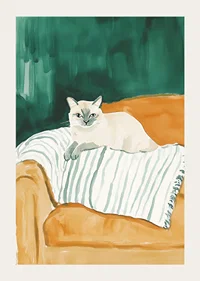 En poster med en självsäker katt vilande på en randig filt i en orange fåtölj-3