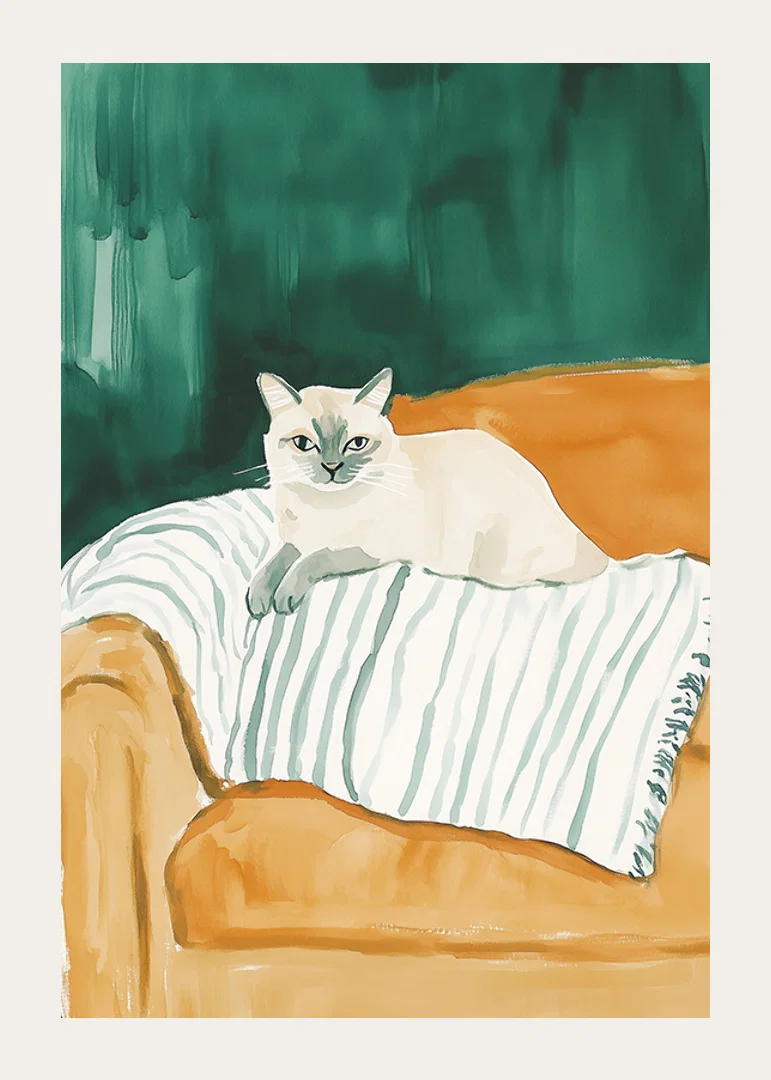 En poster med en självsäker katt vilande på en randig filt i en orange fåtölj-12