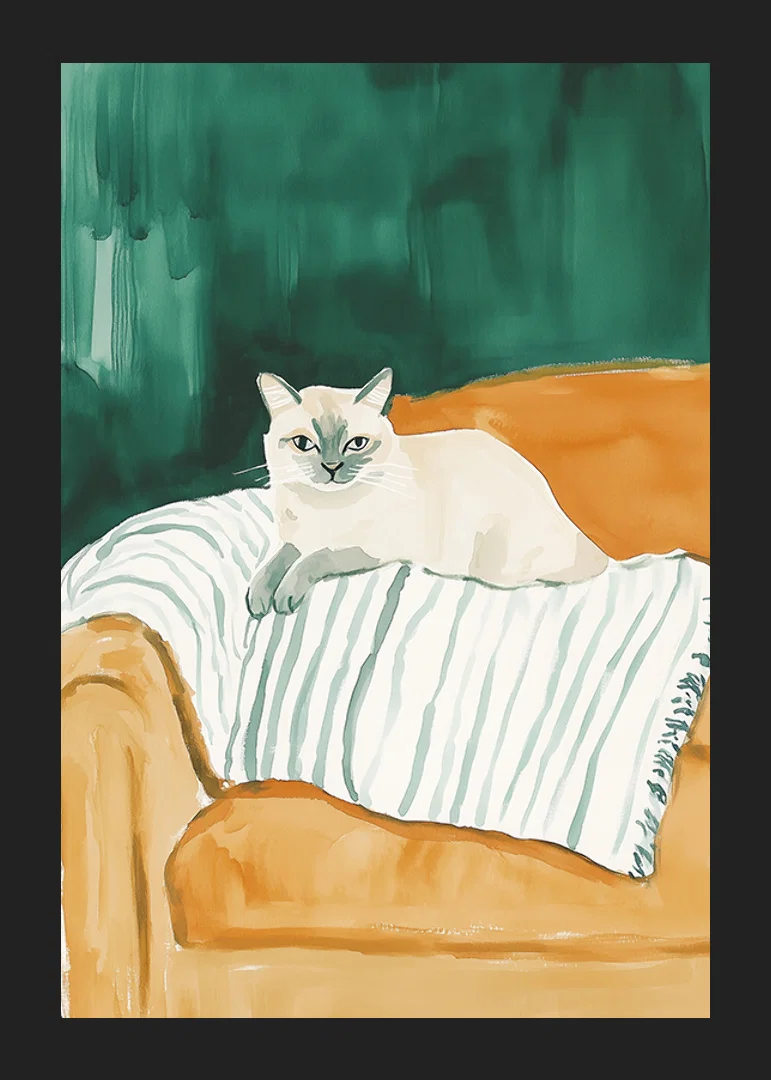 En poster med en självsäker katt vilande på en randig filt i en orange fåtölj-12