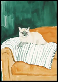 En poster med en självsäker katt vilande på en randig filt i en orange fåtölj-6