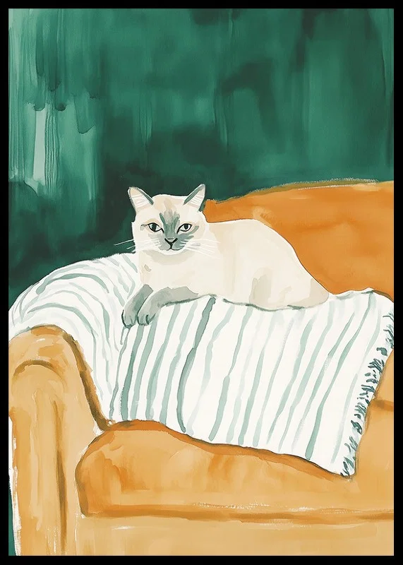 En poster med en självsäker katt vilande på en randig filt i en orange fåtölj-12