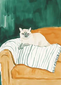 En poster med en självsäker katt vilande på en randig filt i en orange fåtölj-7