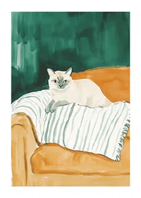 En poster med en självsäker katt vilande på en randig filt i en orange fåtölj-1