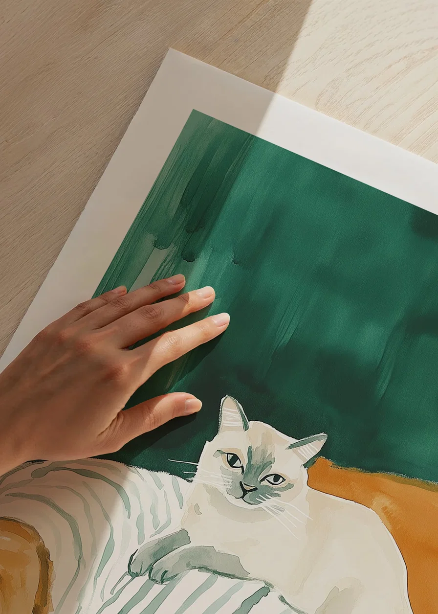 En poster med en självsäker katt vilande på en randig filt i en orange fåtölj-12