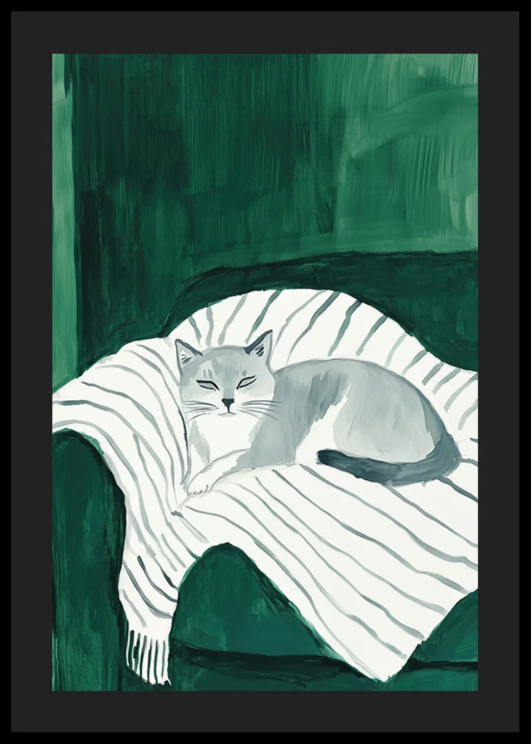 A poster with a gray cat resting on a striped blanket in a green armchair-12