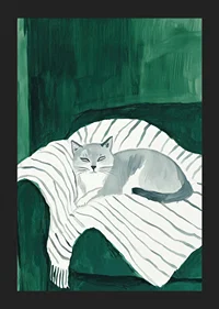 A poster with a gray cat resting on a striped blanket in a green armchair-5
