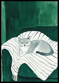 Een poster met een grijze kat die rust op een gestreepte deken in een groene fauteuil-2