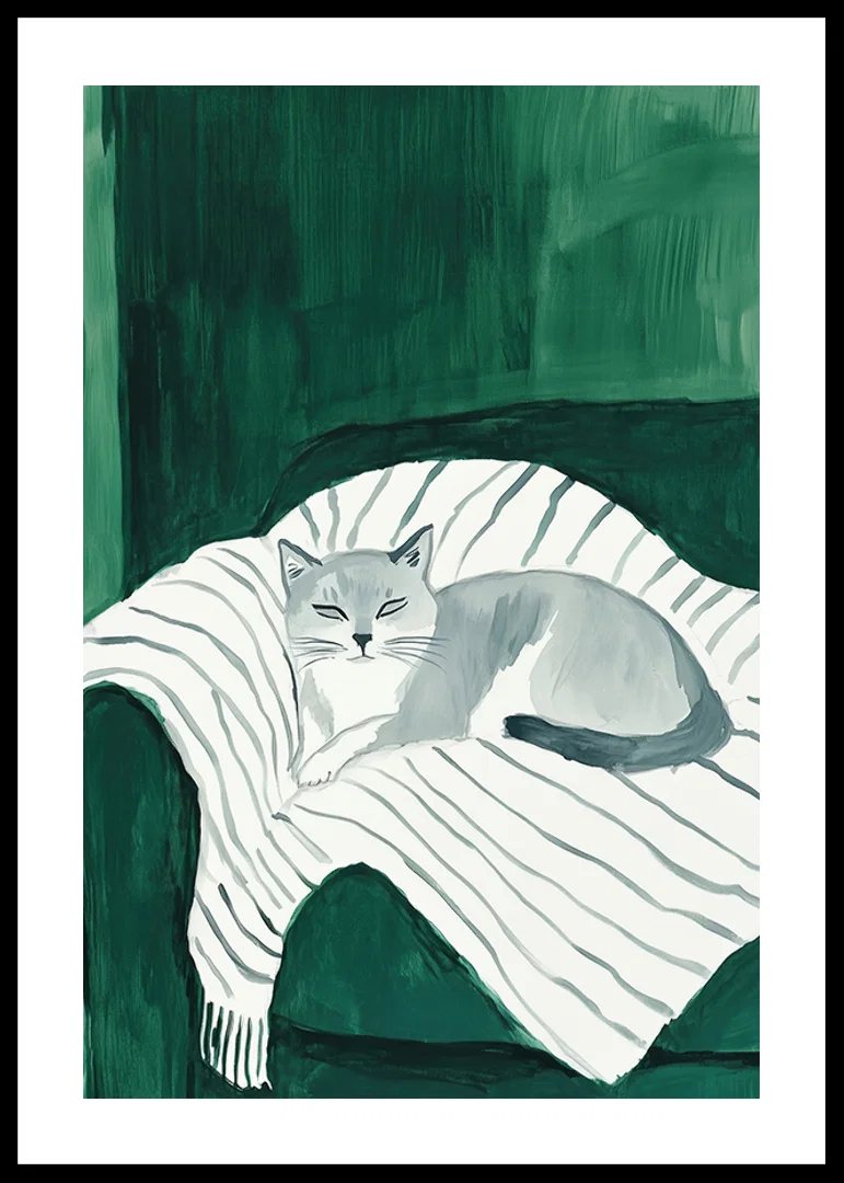A poster with a gray cat resting on a striped blanket in a green armchair-12
