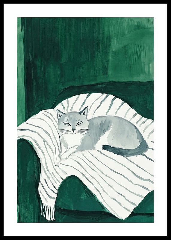 Een poster met een grijze kat die rust op een gestreepte deken in een groene fauteuil-12