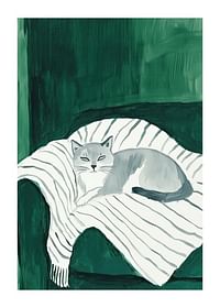 Een poster met een grijze kat die rust op een gestreepte deken in een groene fauteuil-1