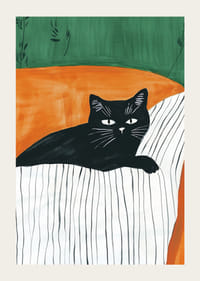 En plakat av en svart katt som hviler på et stripete teppe i en oransje lenestol-3
