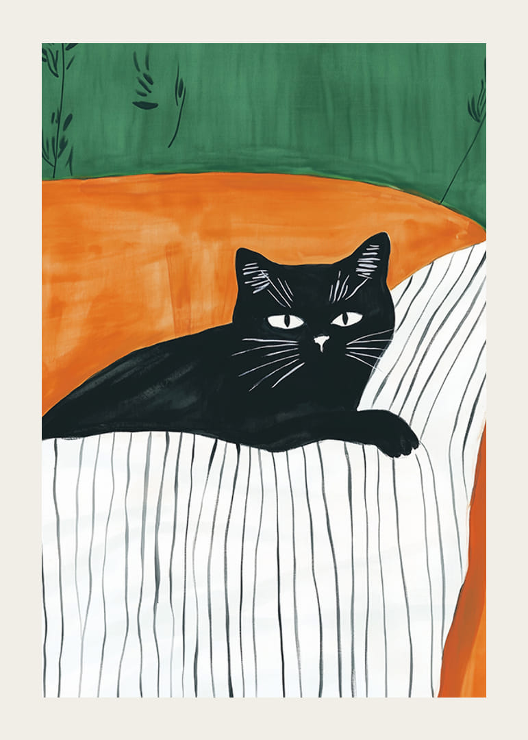En plakat av en svart katt som hviler på et stripete teppe i en oransje lenestol-12