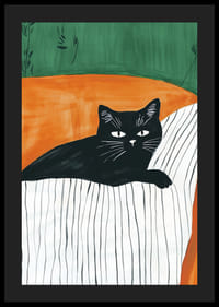 En plakat av en svart katt som hviler på et stripete teppe i en oransje lenestol-4