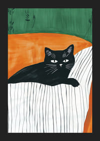 En plakat av en svart katt som hviler på et stripete teppe i en oransje lenestol-5