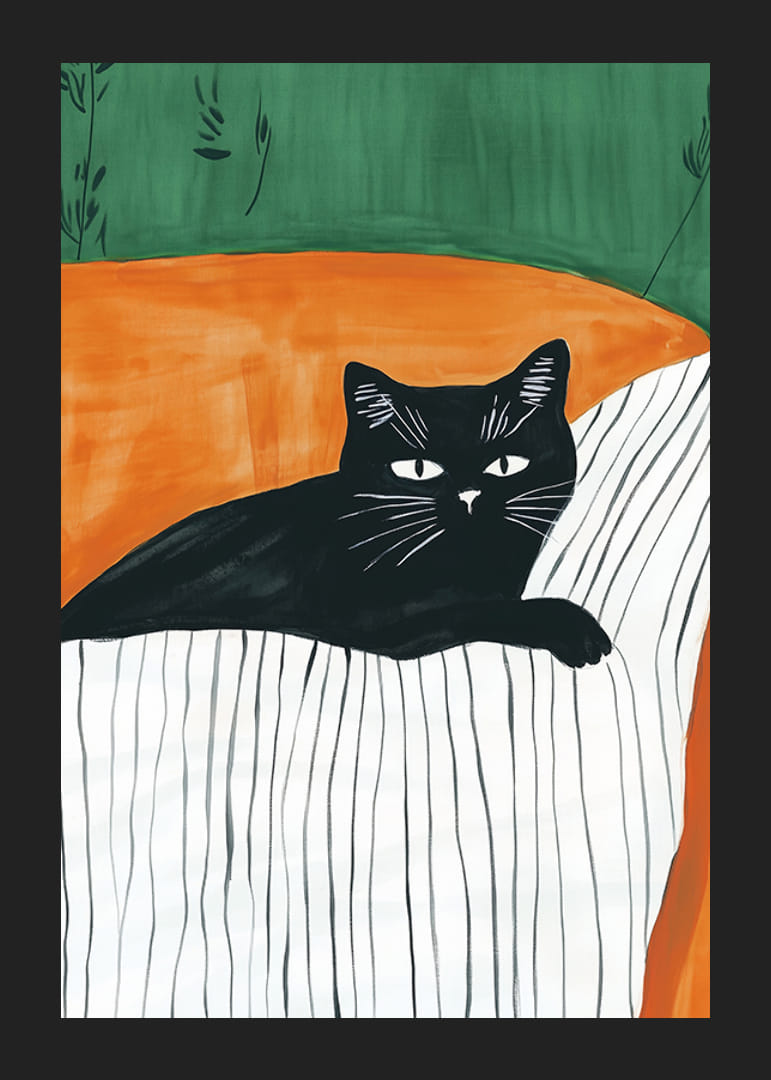 En plakat av en svart katt som hviler på et stripete teppe i en oransje lenestol-12